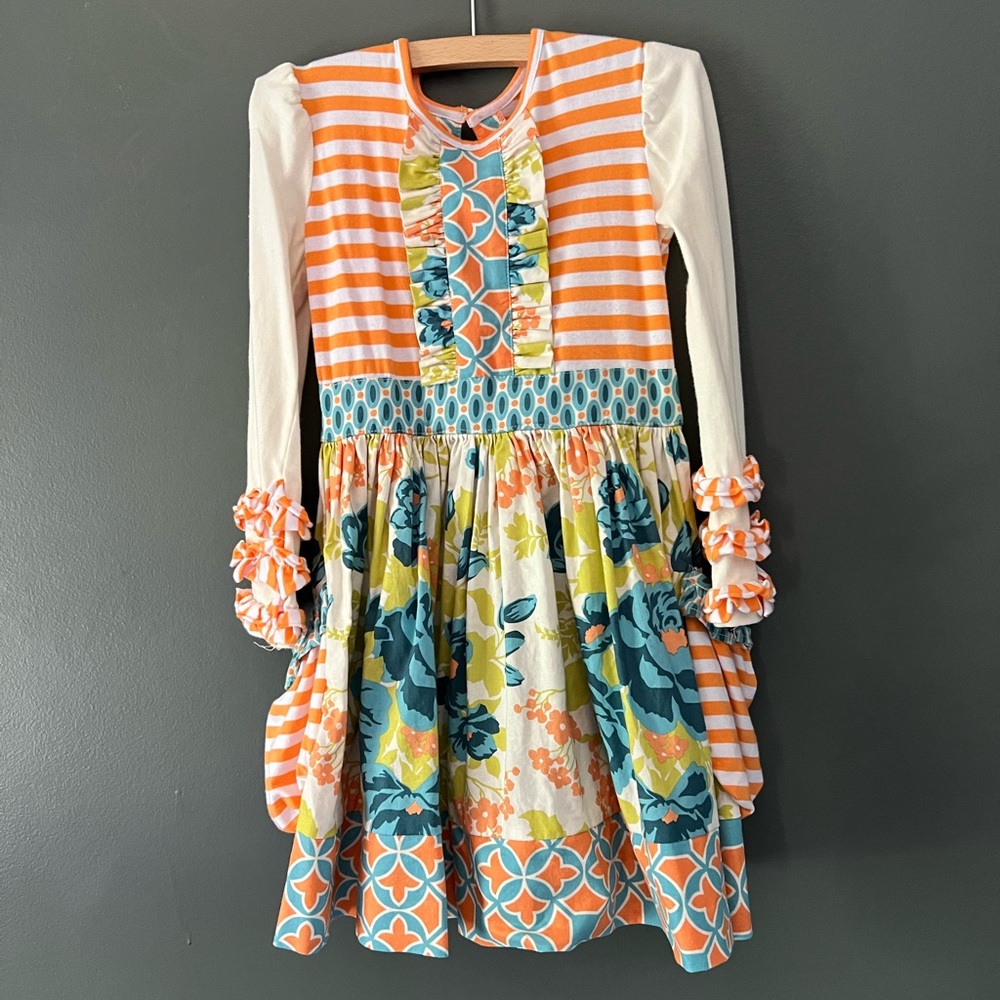 Girls Ashberry sz 5 long sleeve dress. Stripes Flowers orange blue white green